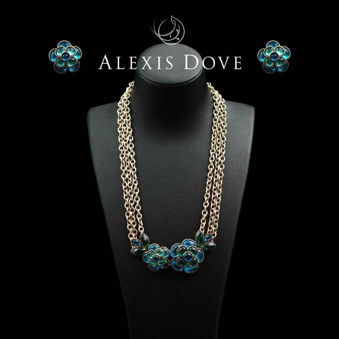 铜合金合成锆石项链 时尚多层立体蓝色花朵套装【乐亿】