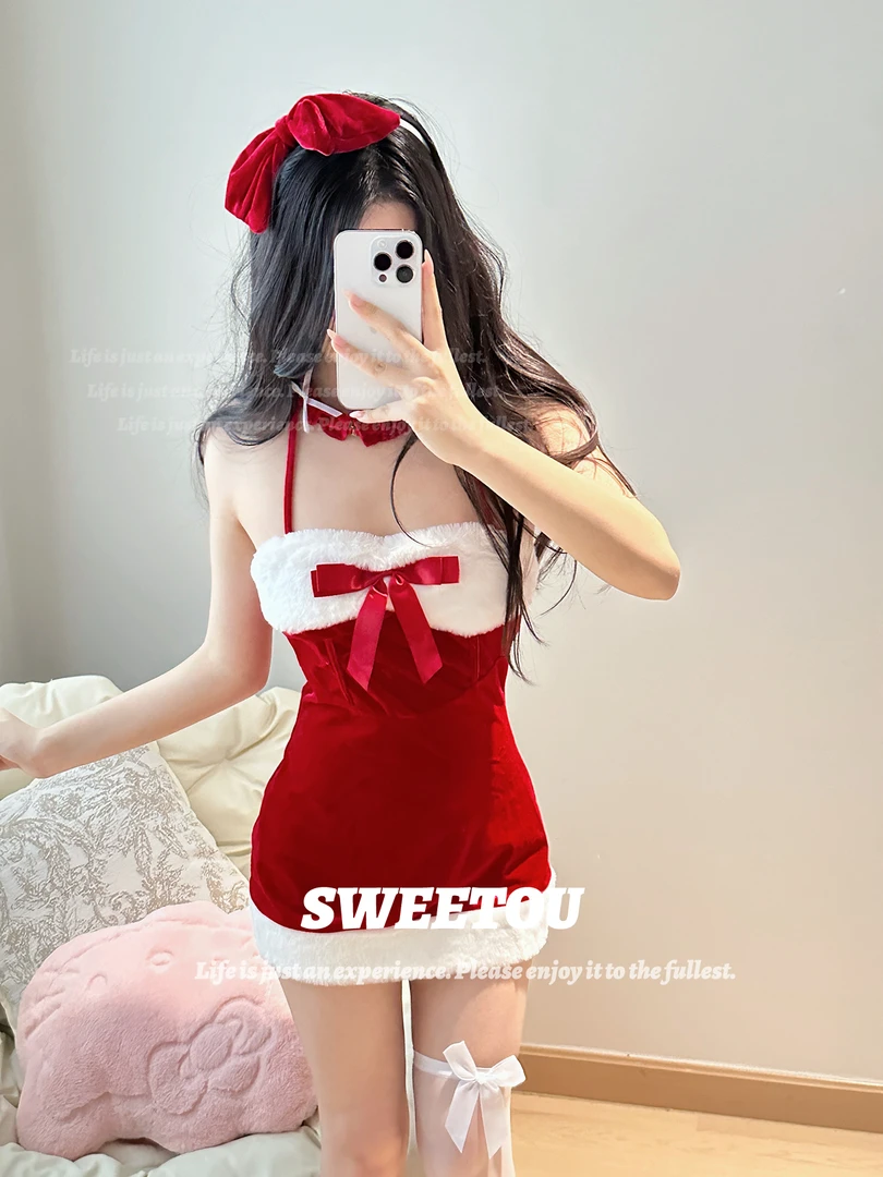 SWEETOU·圣诞  氛围感拍照圣诞连衣裙抹胸挂脖网红圣诞短裙