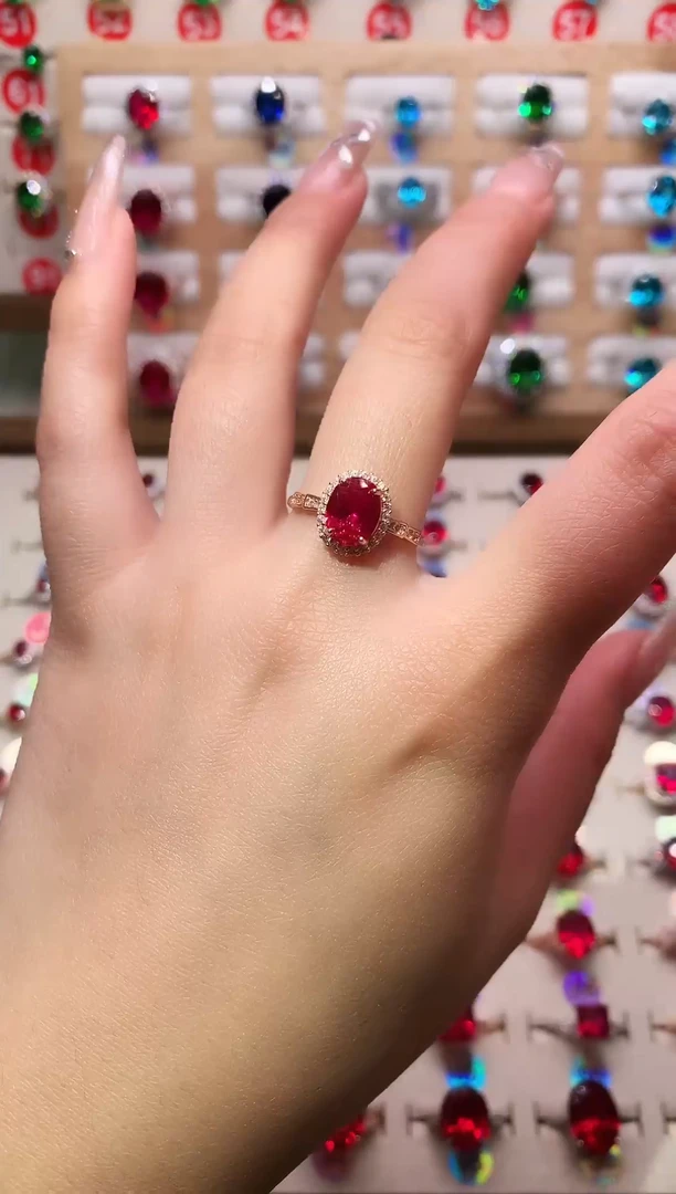 银S925镶嵌戒指红宝石7*9 豪镶 玫瑰金