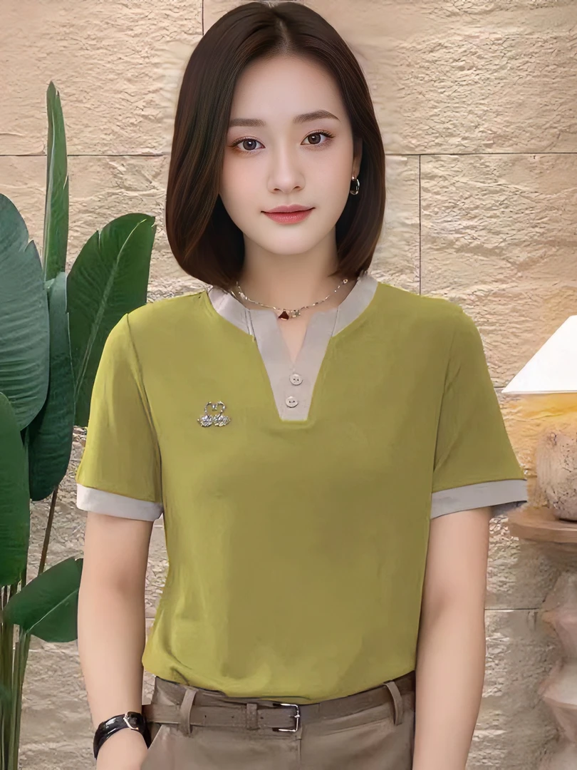 2025*春夏季新款小天鹅t恤女装时尚拼色显瘦百搭洋气短袖