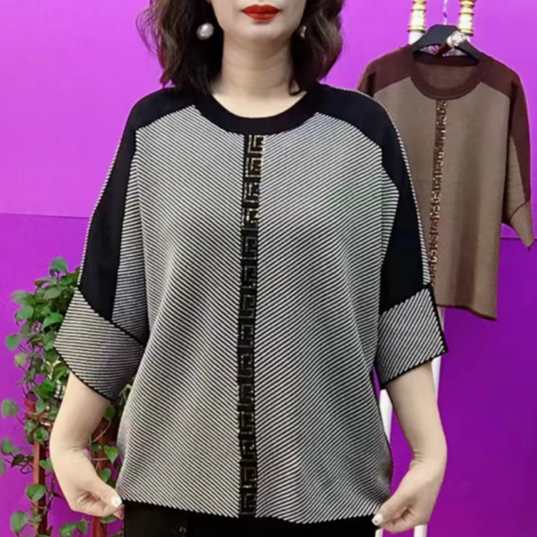 镶钻百搭春款七分袖针织衫2025新款宽松显瘦遮肚遮肉中老年妈妈装