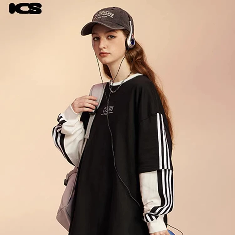 iconslab条纹织带假两件宽松套头圆领卫衣休闲撞色秋季上衣时尚