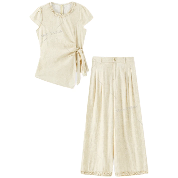 【封后轻奢设计】2025夏季新款气质温柔木耳边绑带上衣套装7106