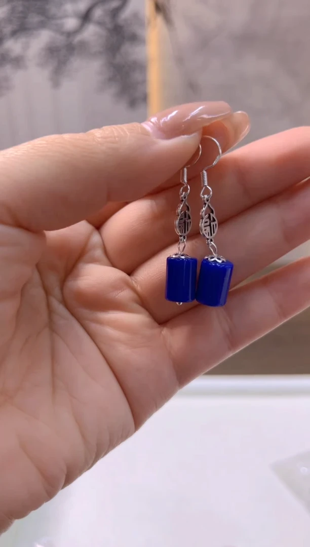 银S925镶嵌青金石耳饰E356