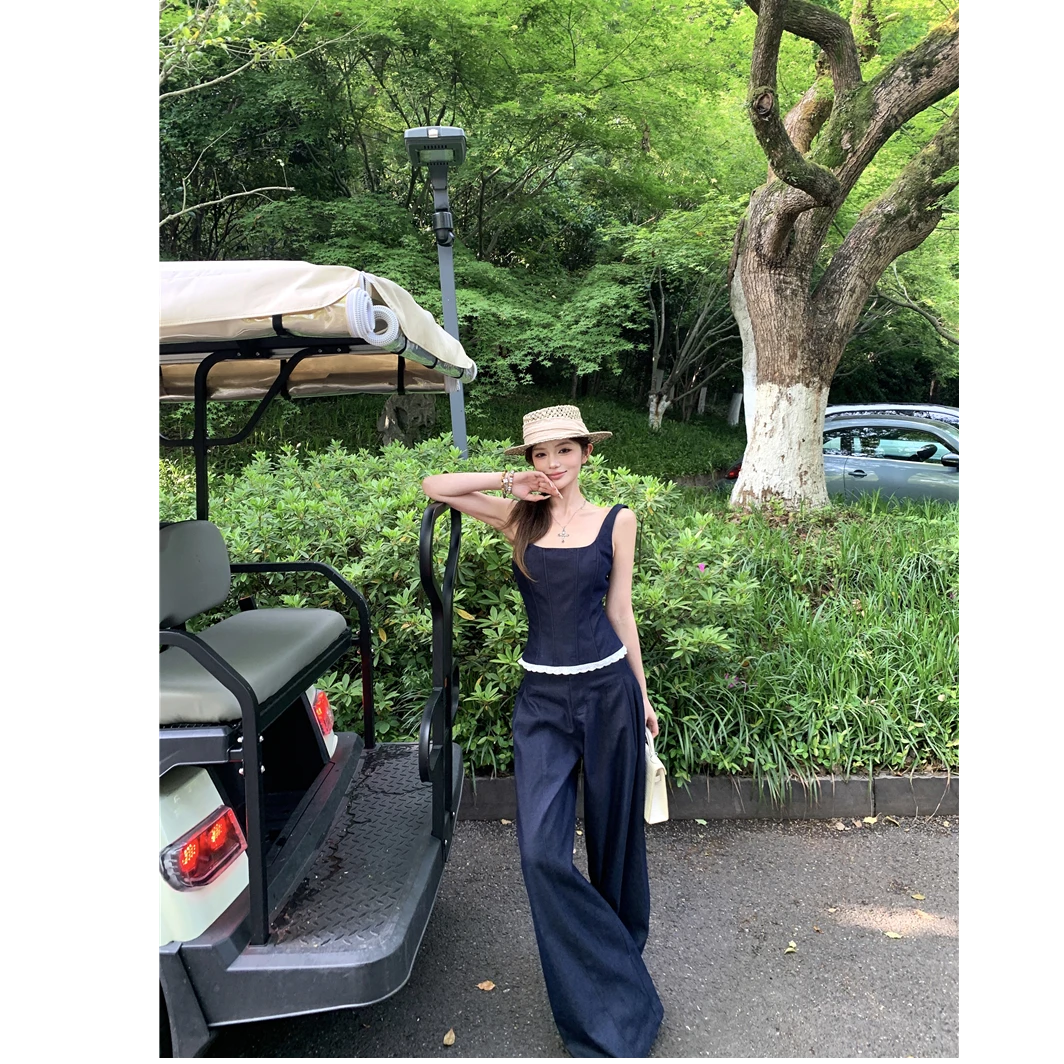 法式气质套装蕾丝拼接边吊带背心女夏季复古高腰休闲牛仔裤两件套