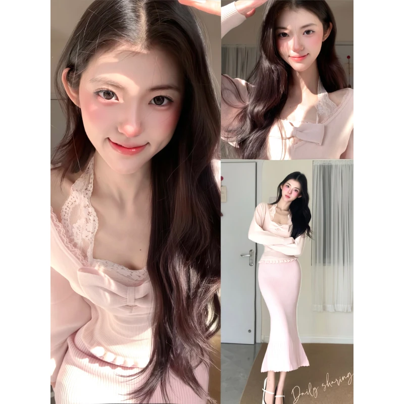 INS CEC韩系秋冬巨好看纯欲风设计感针织上衣高级感半身裙套装