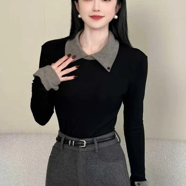 设计感翻领拼接长袖T恤女秋冬加绒加厚打底衫上衣