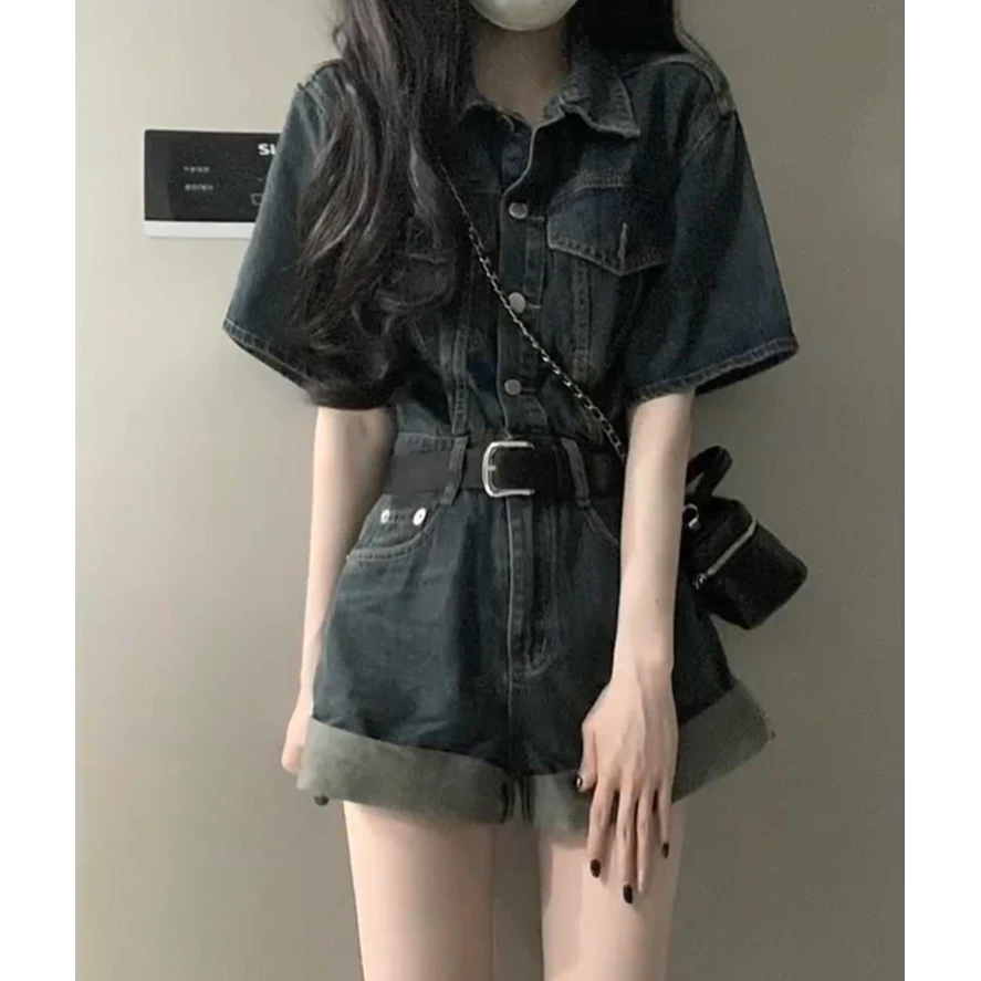 K902微胖mm美式复古宽松牛仔连体裤女春夏大码辣妹收腰显瘦短裤