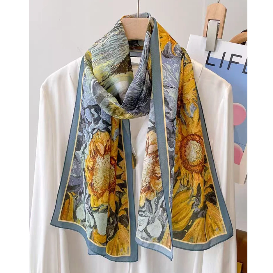 2025新款油画向日葵双绉桑蚕丝丝巾薄款长巾140M*35CM