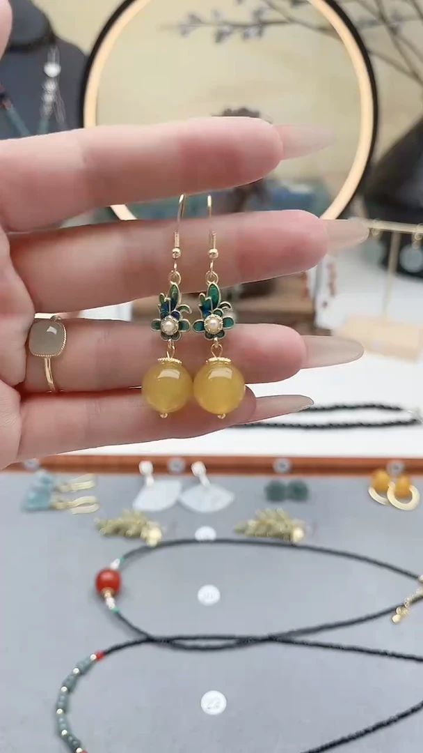 银S925镶嵌耳饰玛瑙/玉髓00黄色新配件
