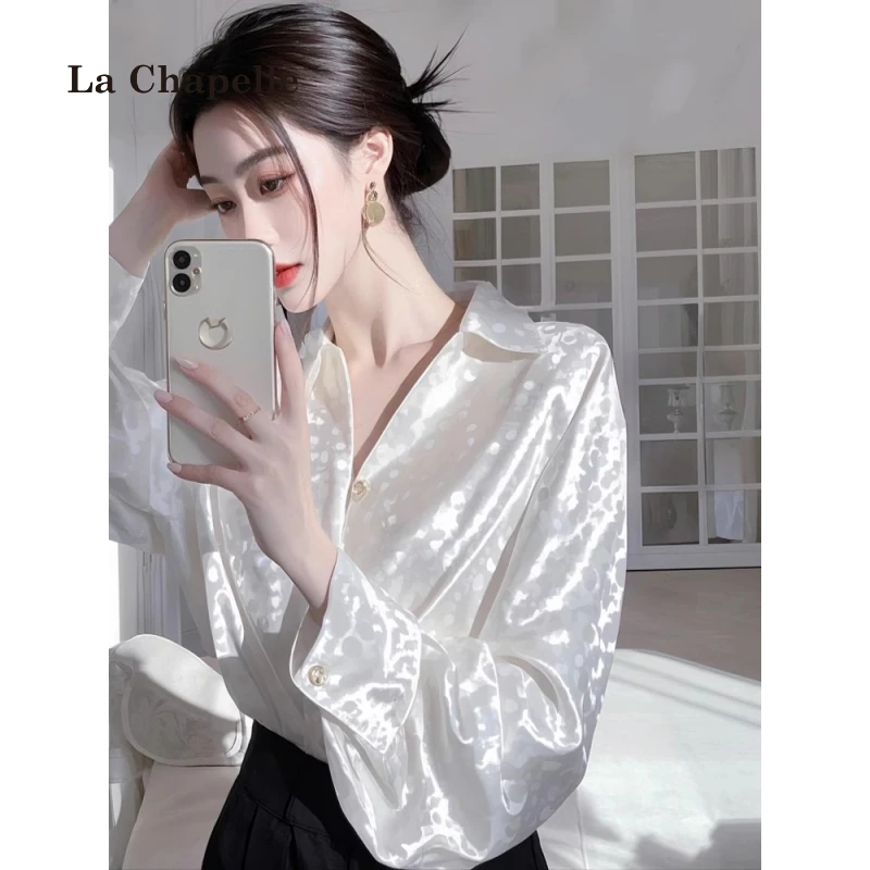 拉夏贝尔今年爆款长袖缎面衬衫女款2025春秋新款宽松百搭法式上衣
