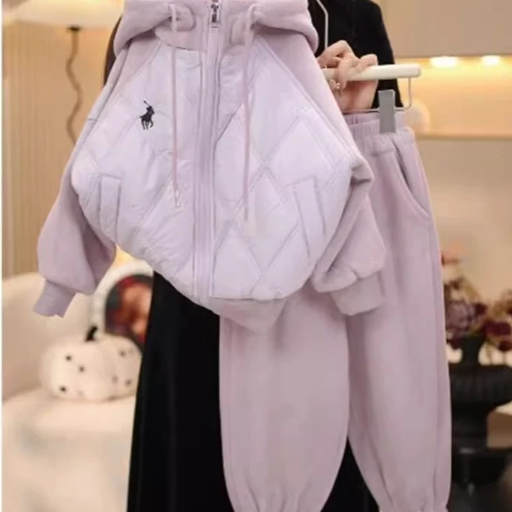 女童加棉卫衣套装2024新款儿童夹棉拉链外套运动加绒卫裤两件套潮