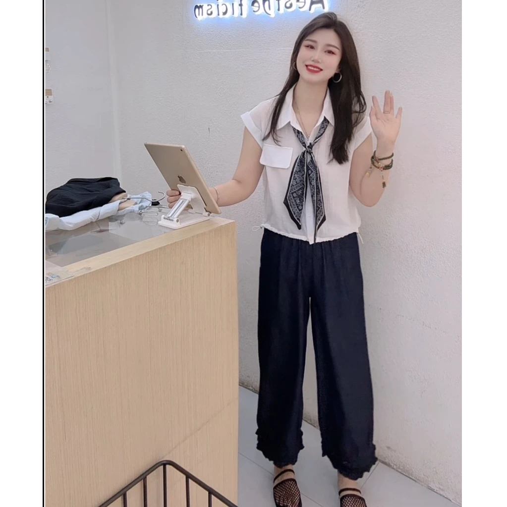 【唯美女装】时尚翻领～丝巾款下摆抽绳小飞袖小衫
