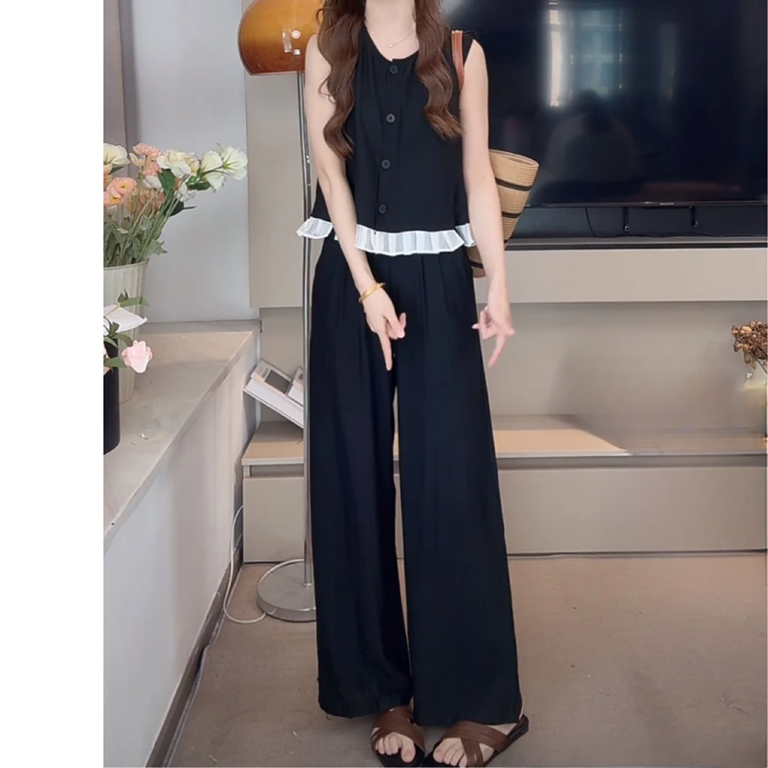 百搭休闲亚麻3205阔腿长裤两件套新款无袖荷叶边上衣两件套套装