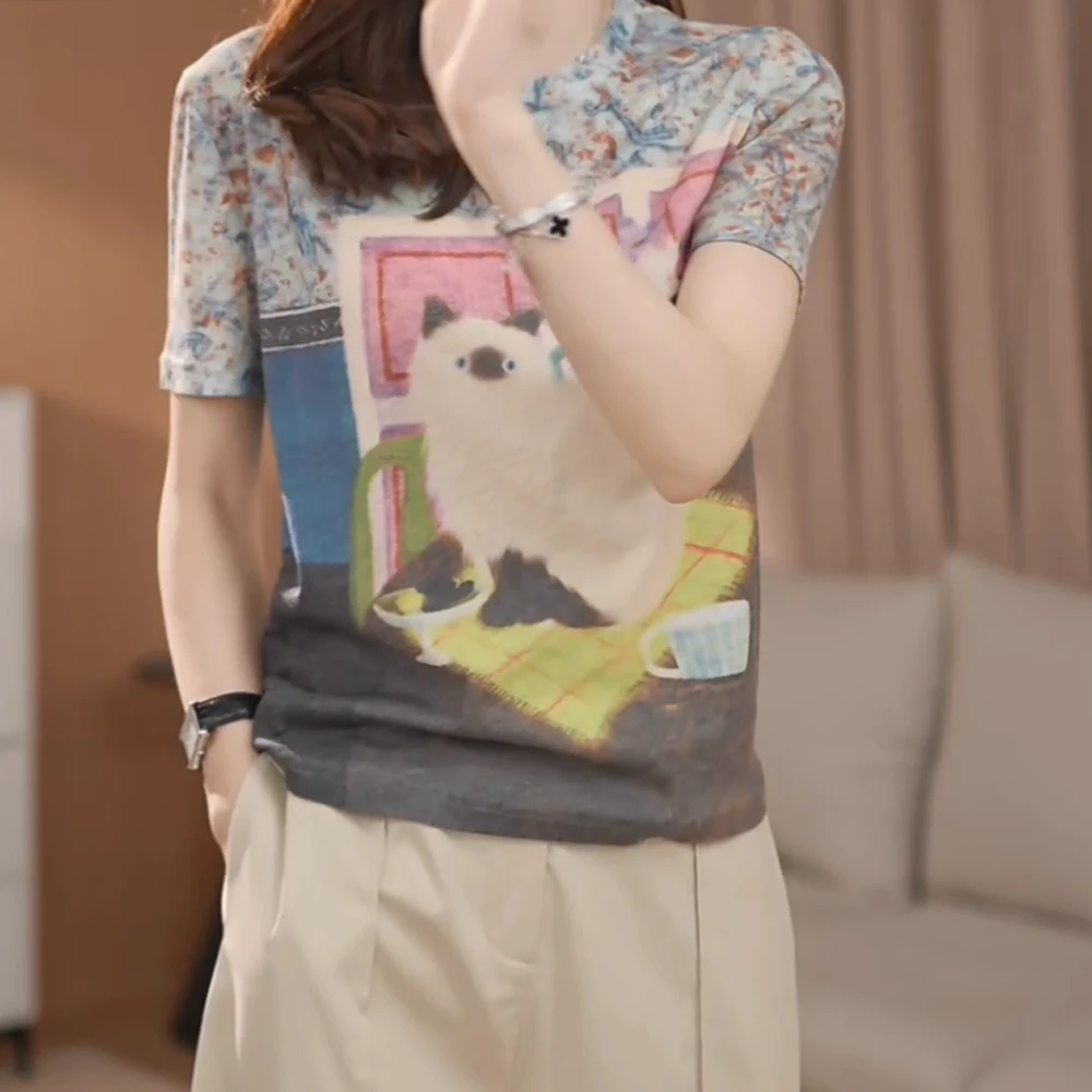 【布偶猫】休闲舒适百搭T恤女夏宽松复古圆领猫咪上衣半袖