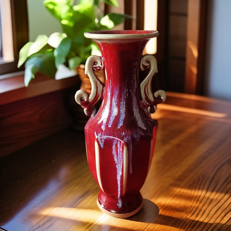 高温窑变自然流釉双耳八方来财陶瓷瓶直径14厘米高35厘米馈赠佳品