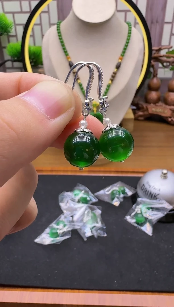 银S925镶嵌耳饰碧玺猫眼E90