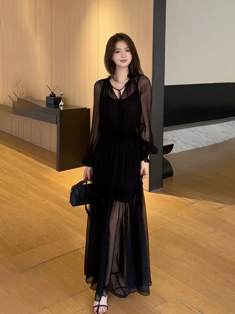 性感御姐黑色微透雪纺连衣裙女夏季高级感长袖冷淡系独特别致裙子