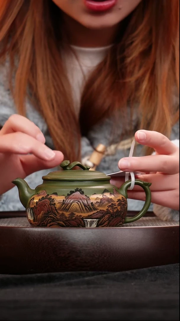 茶壶紫砂宜兴紫砂壶粉浆山水如意h39014