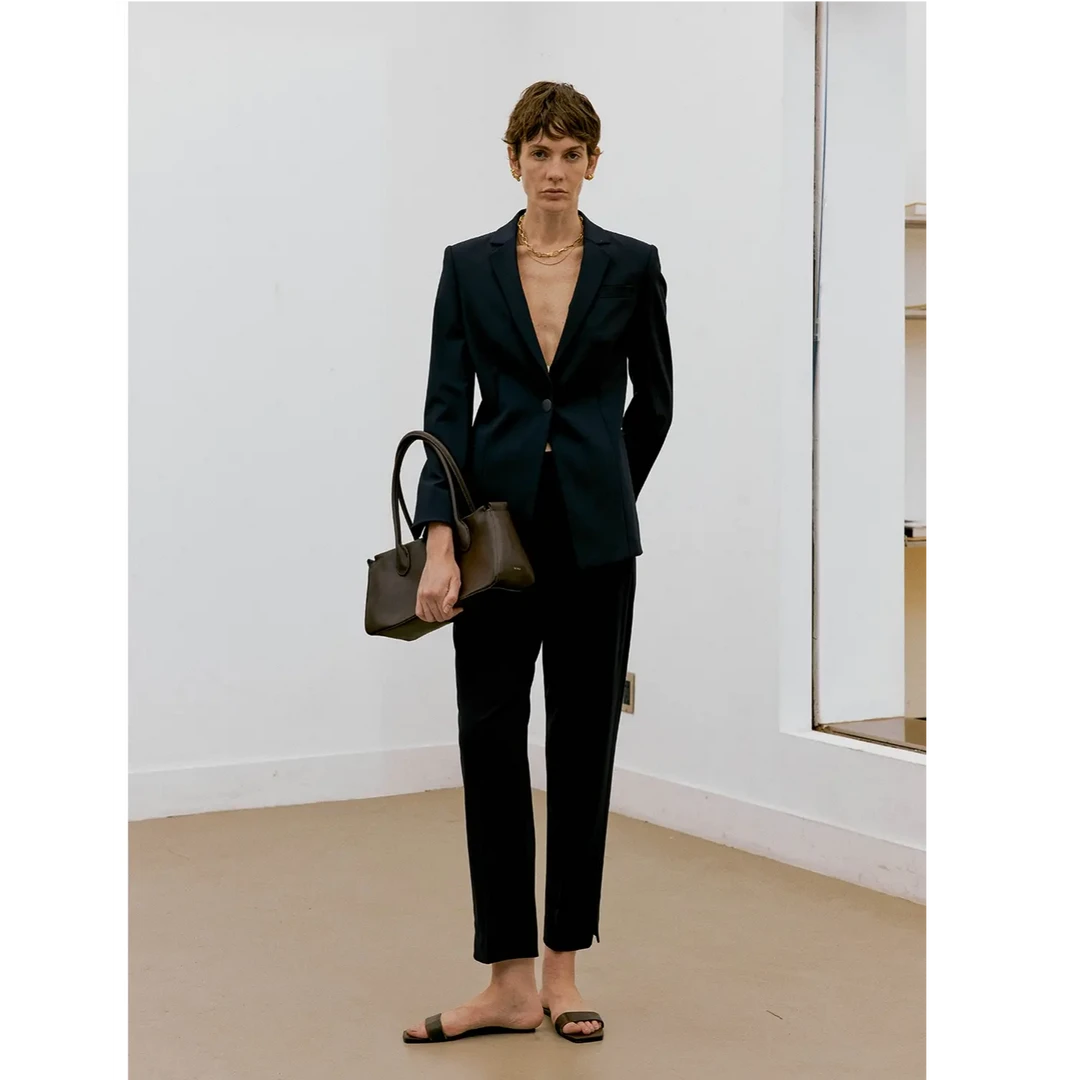 MARIUS“纽约2.0”美利奴绵羊毛平驳领修身西装小脚裤背心裙套装