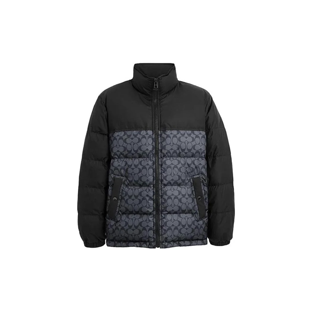 COACH/蔻驰拼色字母印花立领含羽绒长袖夹克 男女同款 黑色 T