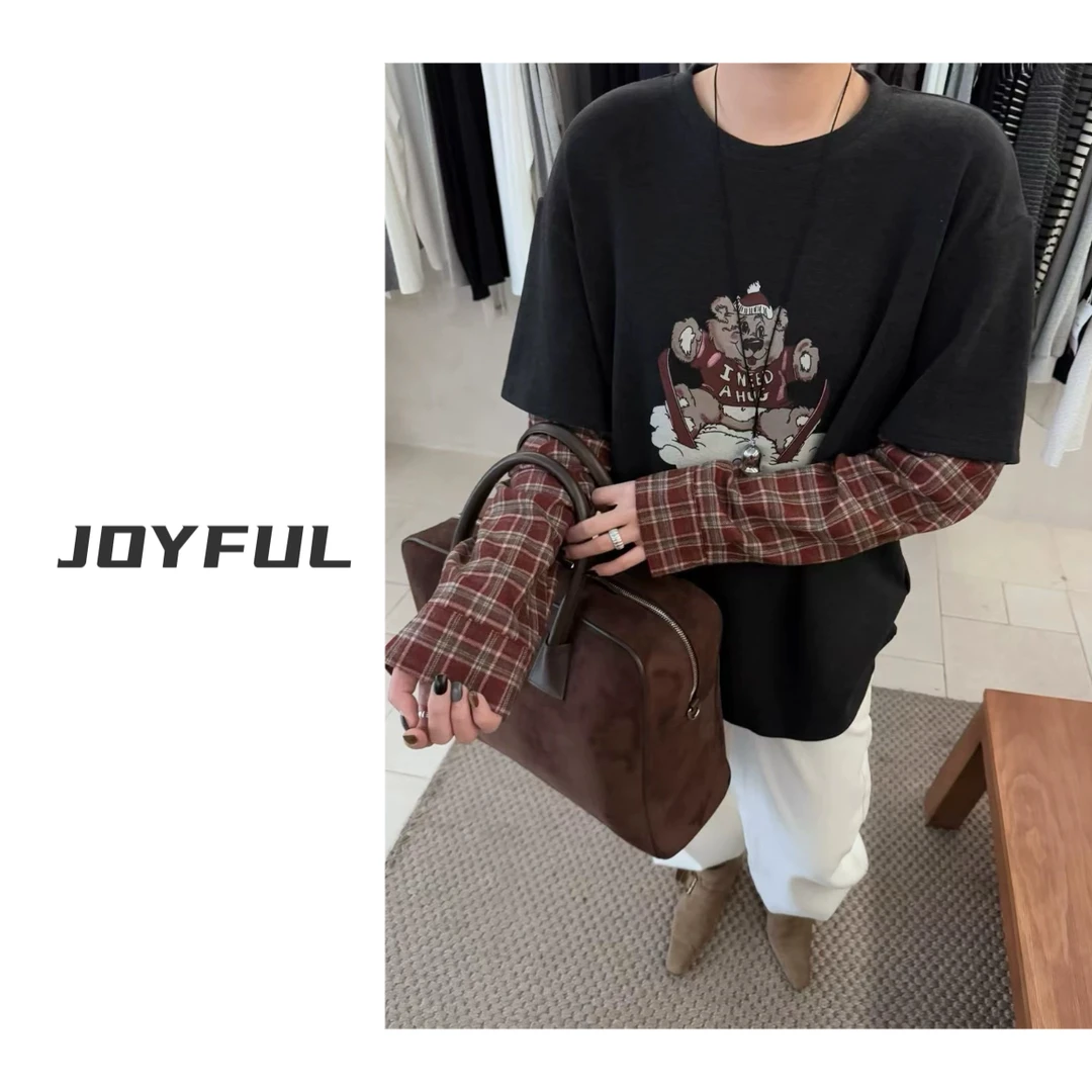 LELE-【滑雪熊熊】拼接格子韩系休闲打底T恤加厚宽松百搭