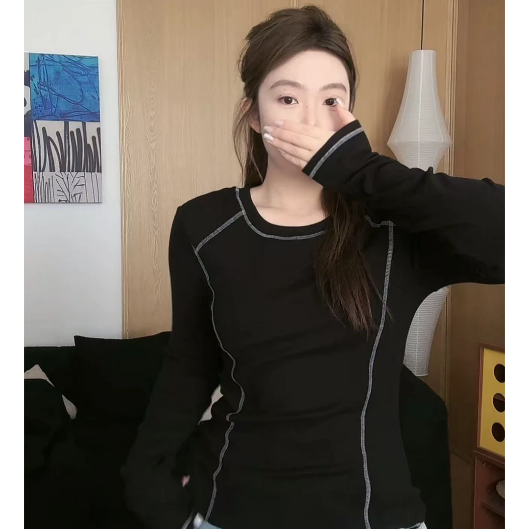 晶咕软软【明线分割】秋季百搭纯色韩版明线设计感百搭上衣