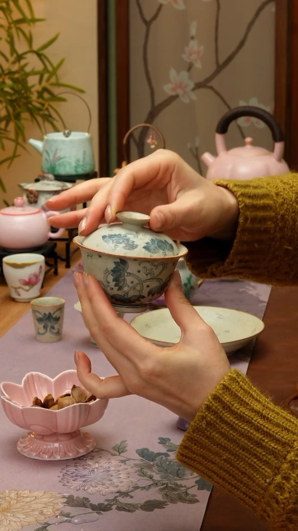 【闪购商品】【领丰茶具福力】宝相花盖碗