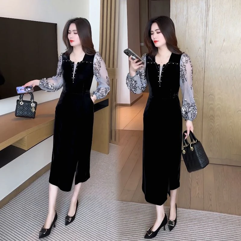 欧货高端定制黑色丝绒拼接连衣裙女2025秋季新款亮片设计气质长裙