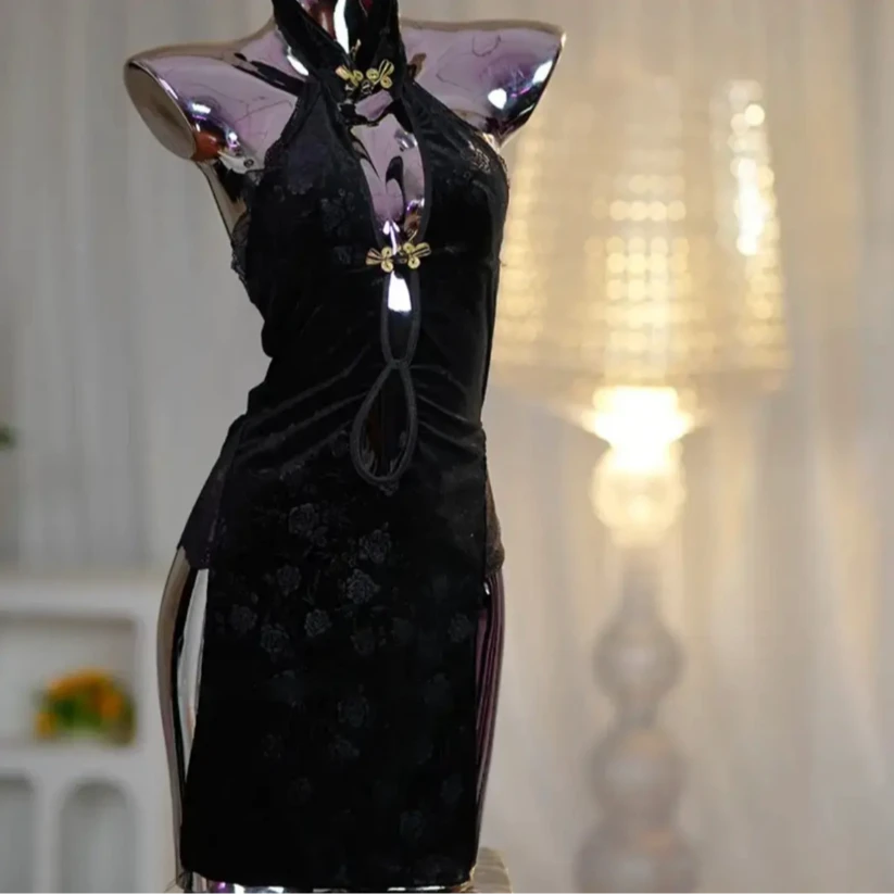 瓦蜜妍80-200斤禁欲系睡裙中式高开叉旗袍睡衣蕾丝修身连衣裙