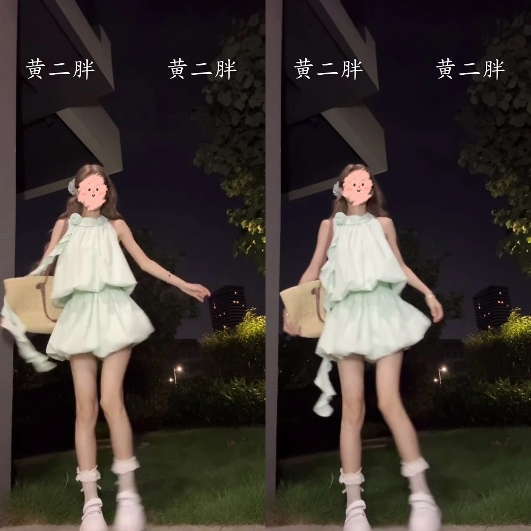 夏日绝美漂亮小套装套装女露肩挂脖吊带上衣蓬蓬花苞半身裙两件套