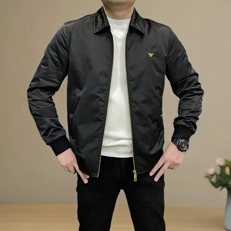 2025春季新款时尚休闲夹克男百搭刺绣拉链翻领修身欧货夹克外套男