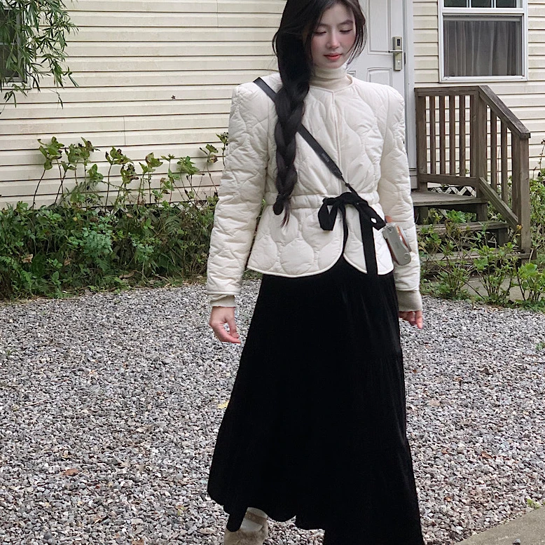 复古系带收腰长袖棉服外套女冬季丝绒半身裙赫本风时尚套装潮