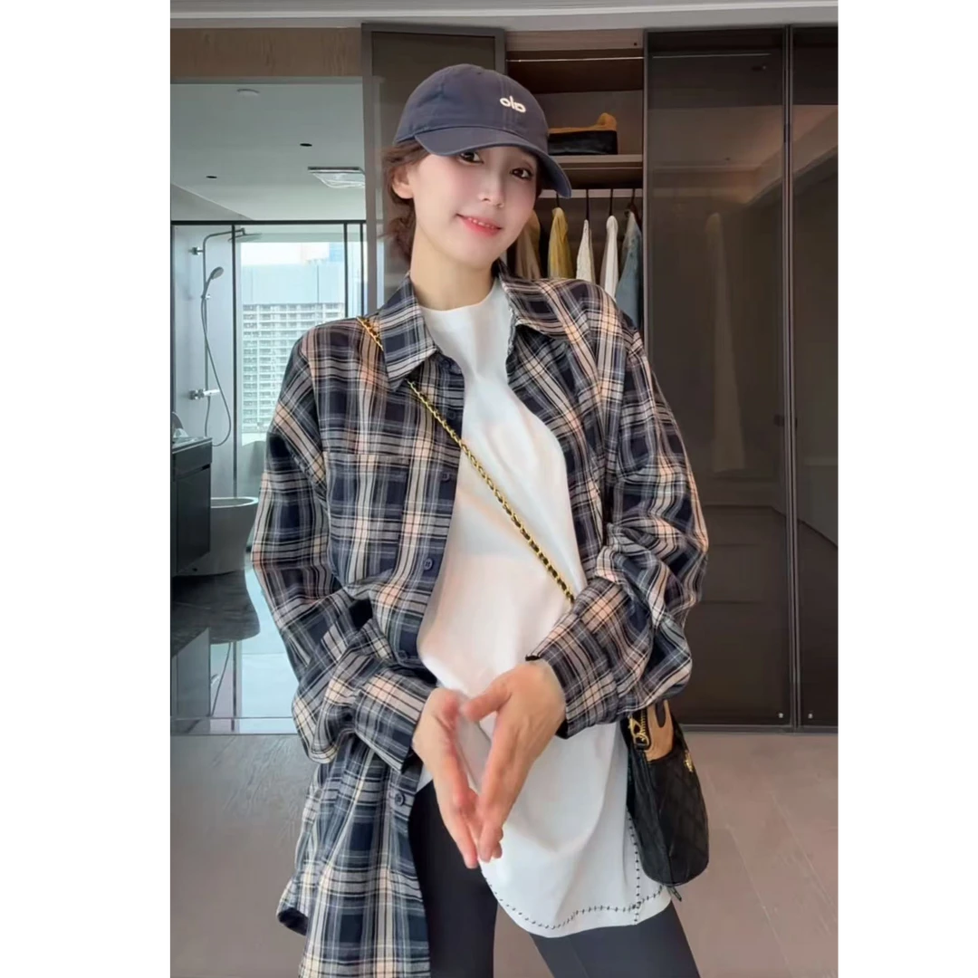 徐靖靖【格外有调】慵懒风条纹格子衬衫女早秋穿搭休闲洋气2508221
