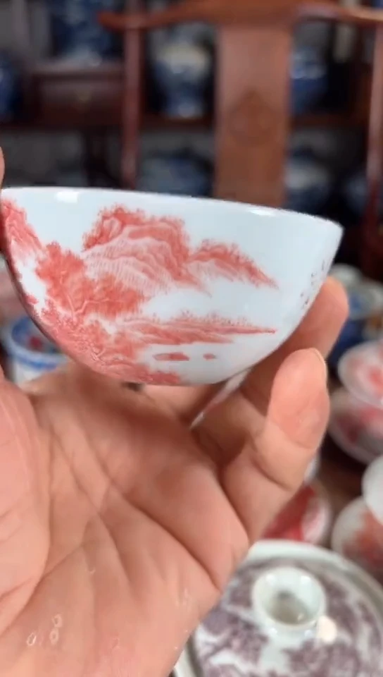 柴窑釉里红山水内外满工普洱杯