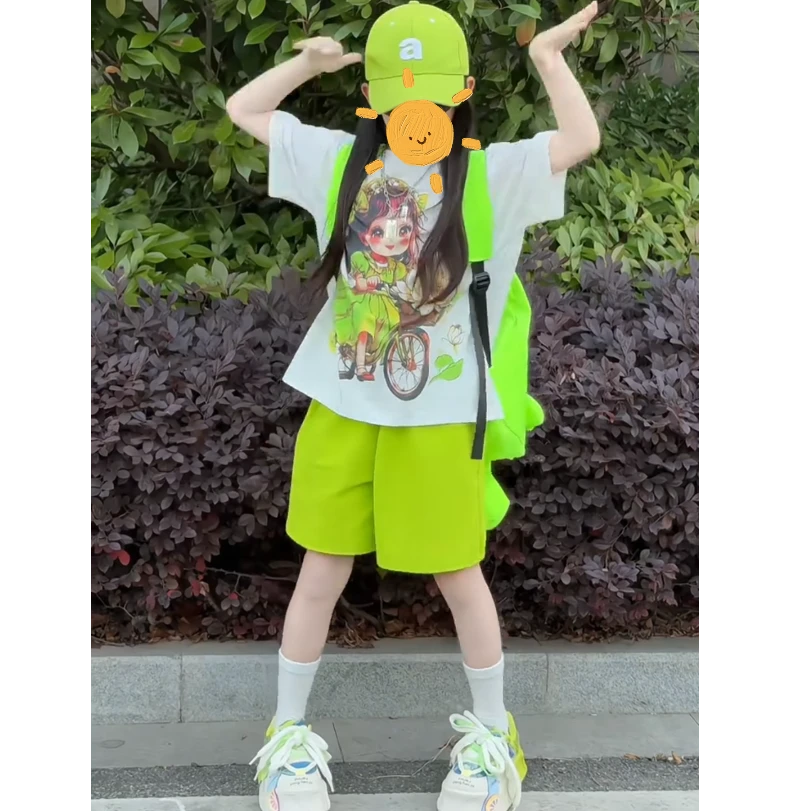 女童多巴胺运动套装洋气时髦2025新款夏季儿童休闲短袖短裤两件套