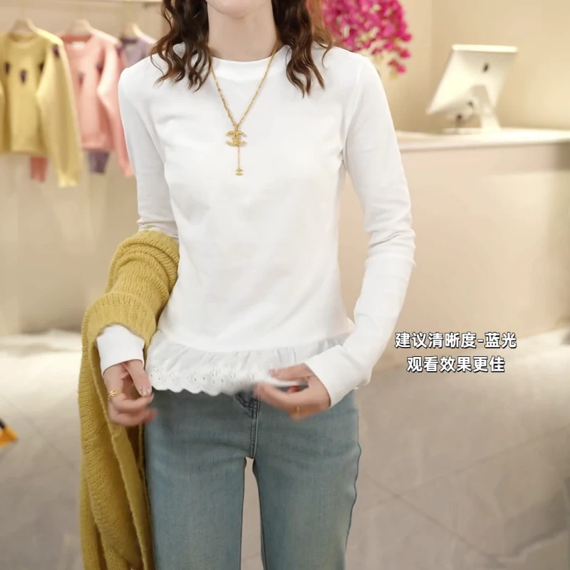 春季新款芭蕾风花边下摆拼接长袖上衣LK2501611