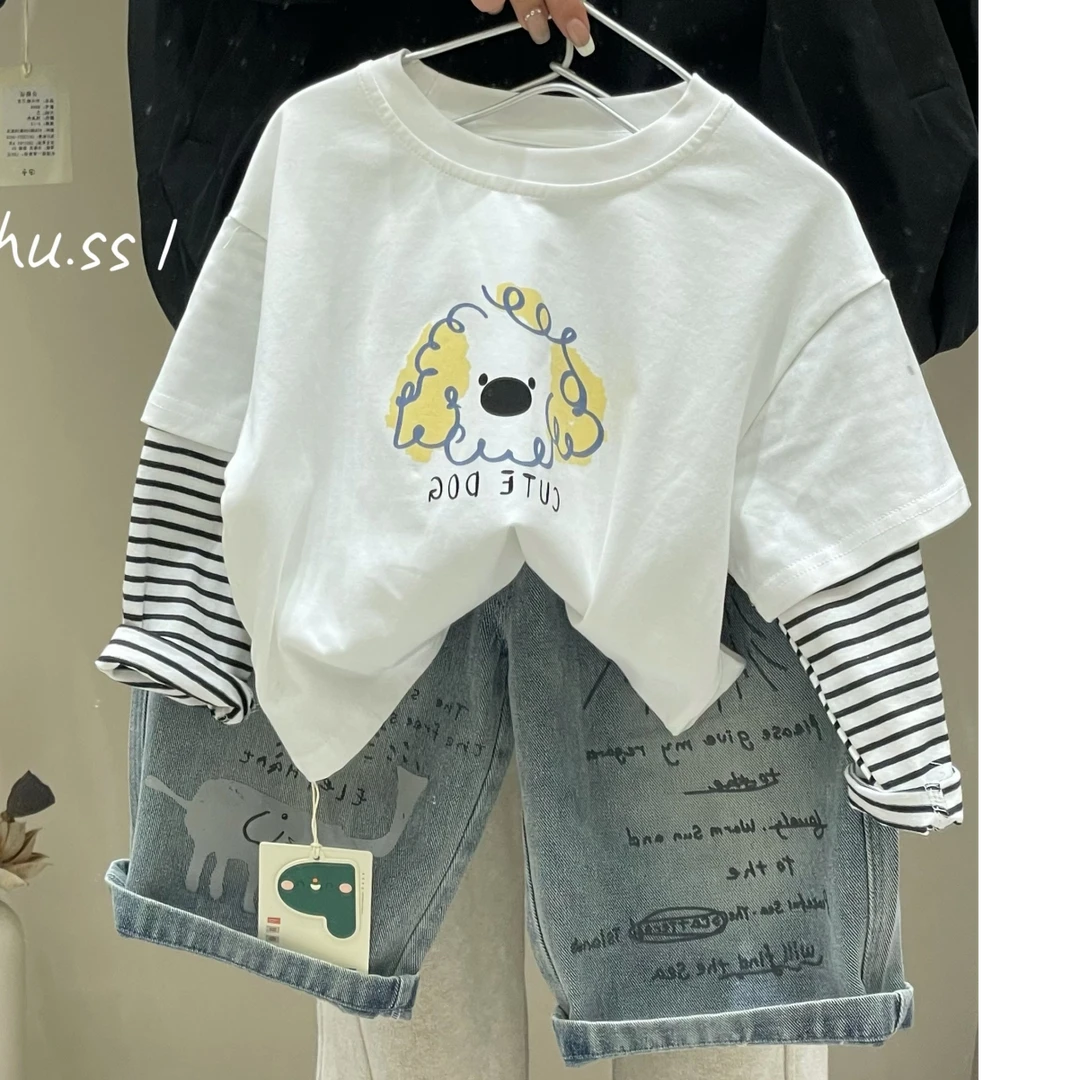 【黄色狗狗假2件长袖】2025春季男童长袖棉新款儿童宽松