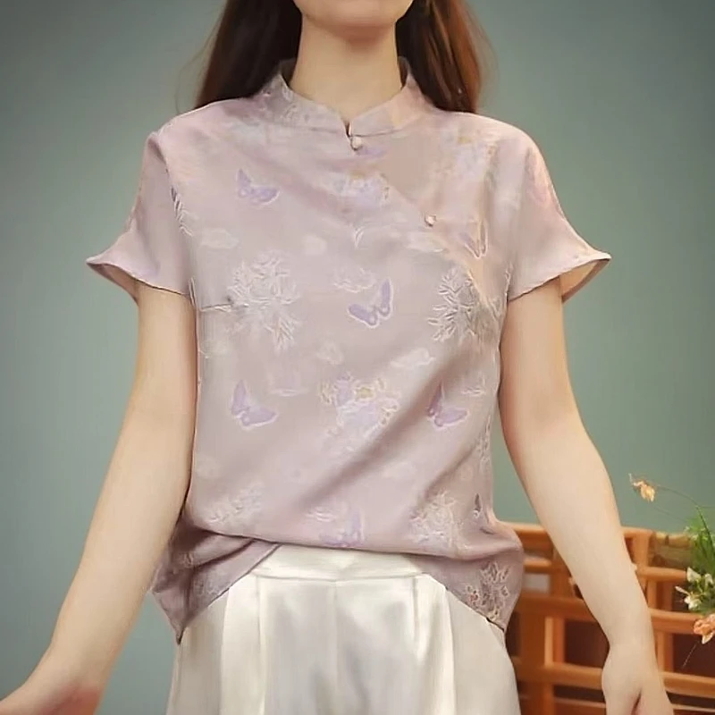 新中式宋锦提花彩蝶斜襟气质显瘦复古旗袍短袖小衫2025款原创正品