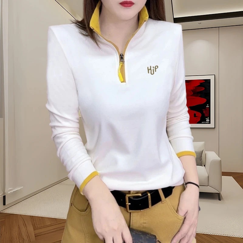 春季新款时尚打底衫女士气质百搭立领拼色刺绣洋气减龄女士上衣