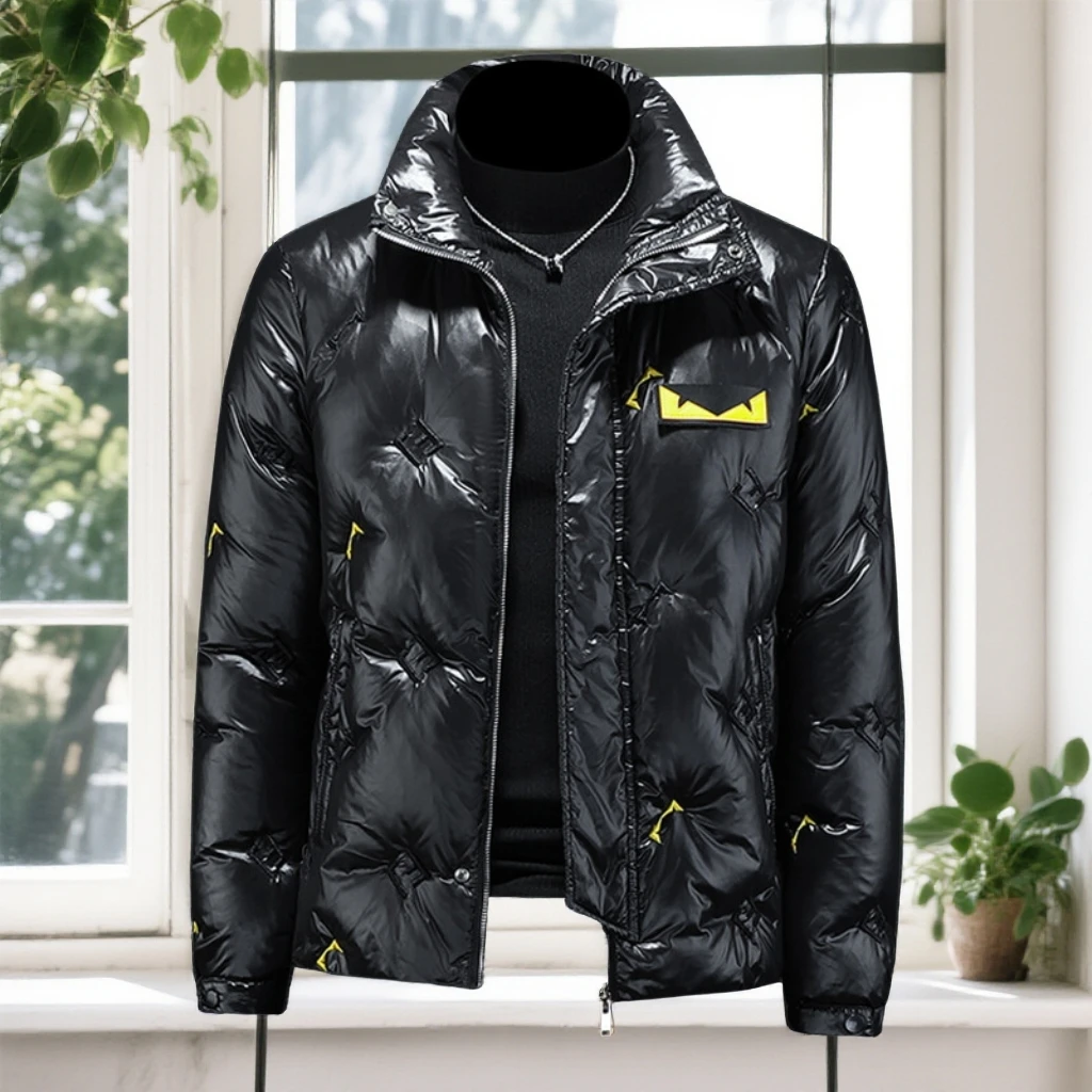 娜罗普西时尚小怪兽刺绣羽绒服男大码亮面外套加厚保暖潮牌冬季潮