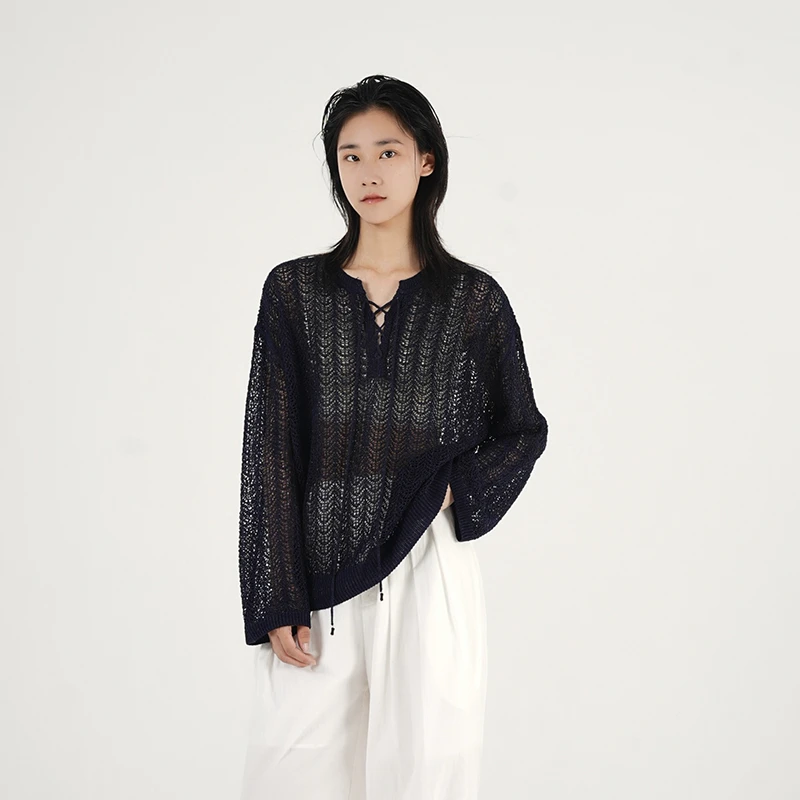 清透凉感金银闪丝镂空系带V领宽松桑蚕丝莱赛尔天丝上衣T恤