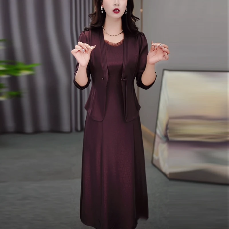 云丝缎气质轻奢高级感女装2025秋季新款时尚修身显瘦连衣裙两件套