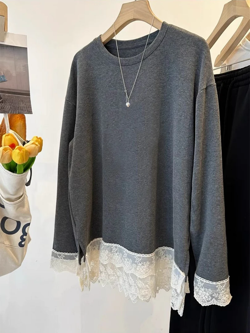 韩版叠蕾丝穿新长袖上衣女2024新款修身气质打底衫