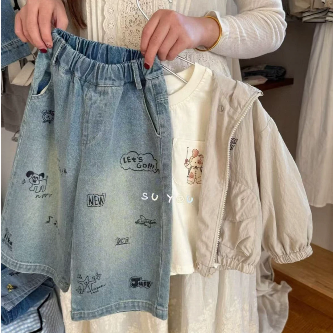 C251089男童2025新款春季牛仔裤儿童春秋款小狗简笔画牛仔裤