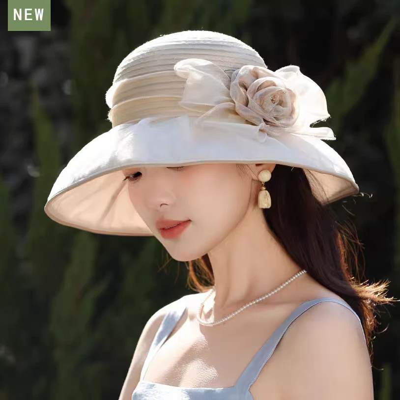 2025年新款遮阳防晒帽花朵防晒帽欧根纱渔夫帽夏季帽子