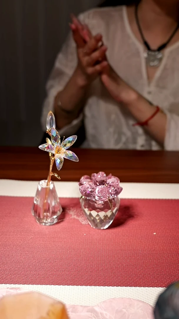 有机玻璃水晶粉色玫瑰+水晶百合花茶摆件