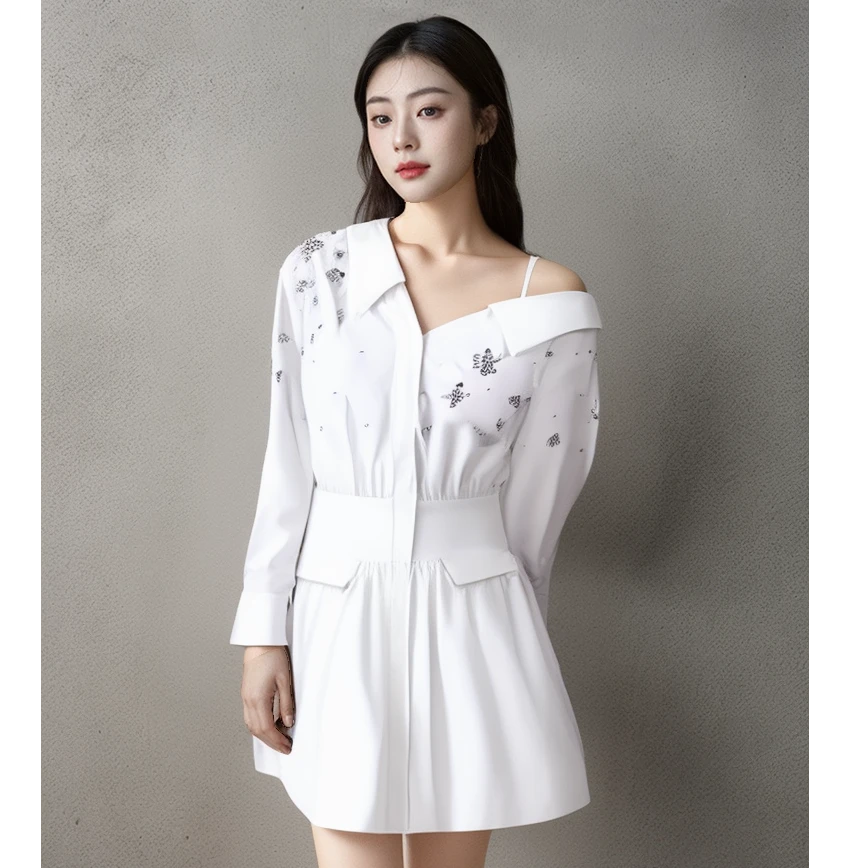 CG-Y『气质出众』气质长袖复古重工钉珠衬衣休闲连衣裙女士