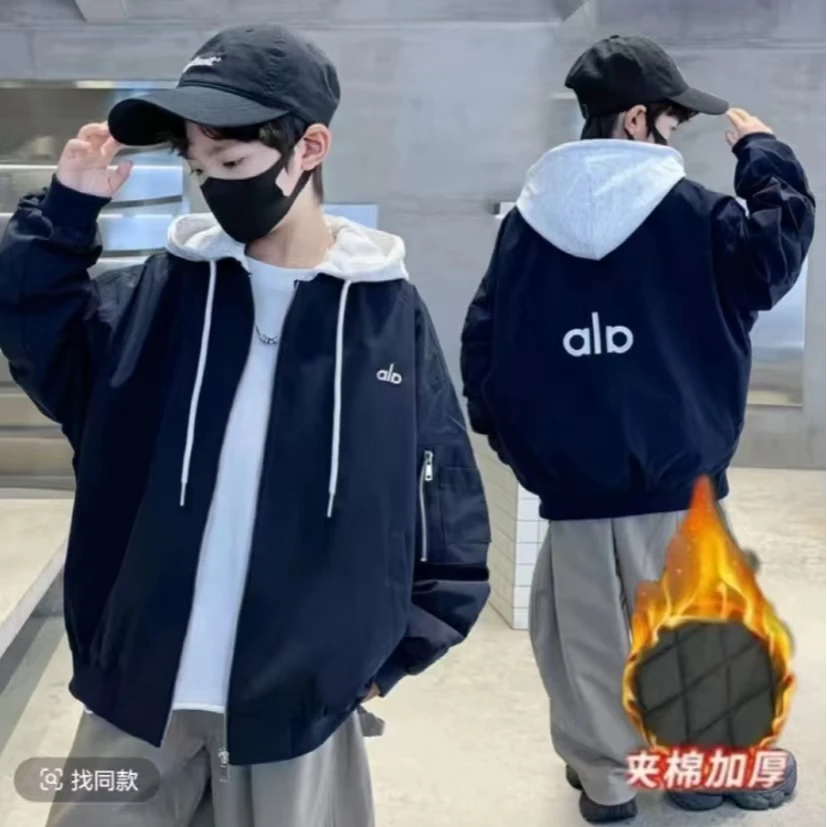 【夹棉/不夹棉】~男童秋冬韩版夹棉加厚连帽假两件字母外套LY10365