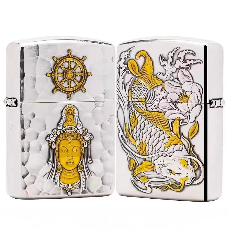 ZIPPO打火机正品W版镀银鎏金盔甲正面观心背面鱼化龙送礼收藏DYJ1